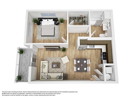 Floor plan for 1 bed, 1 bath, 684 sqft